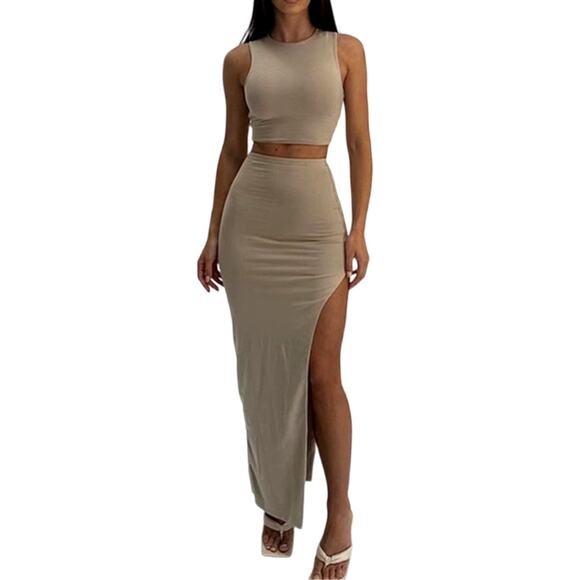 Micas Dresses & Skirts - Micas Women's Large Beige Crop Sleeveless Crew Neck Top Slit Midi Skirt Set